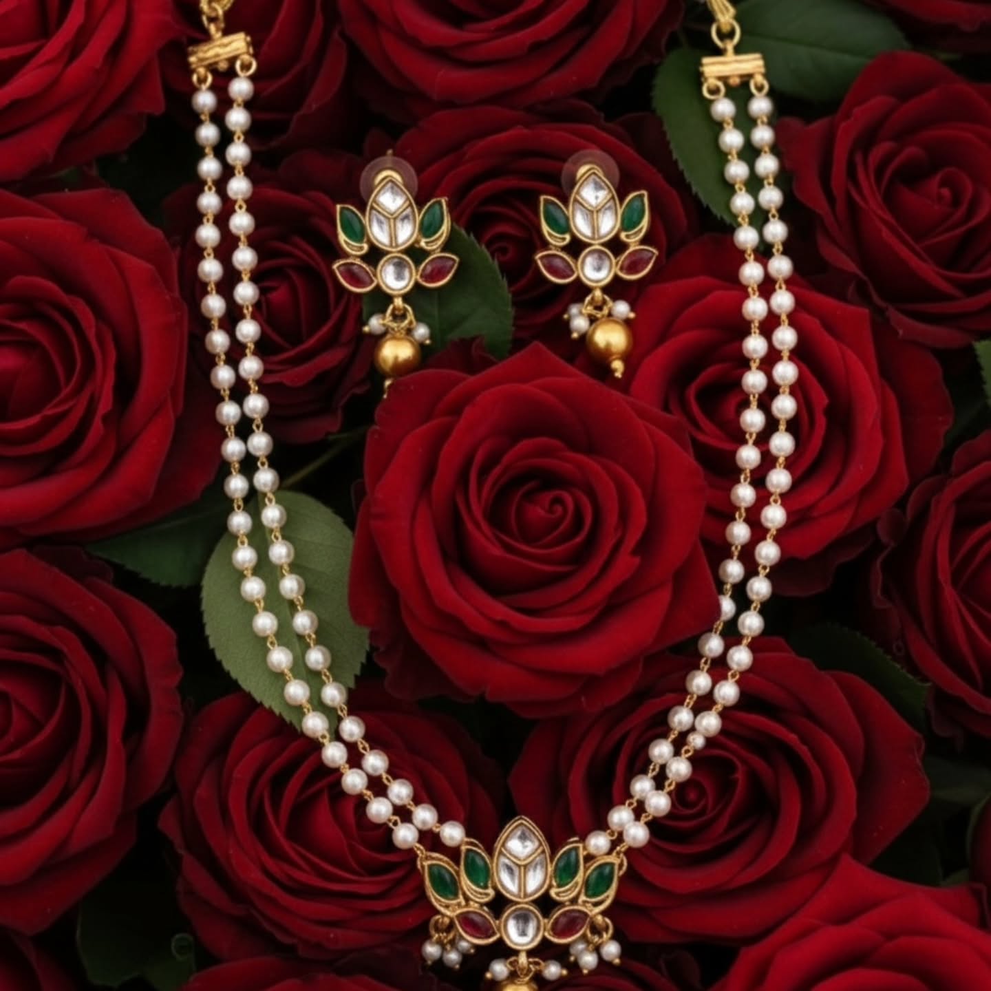 Delicate Double-Layer Pearl small Necklace with Floral Gemstone Locket..